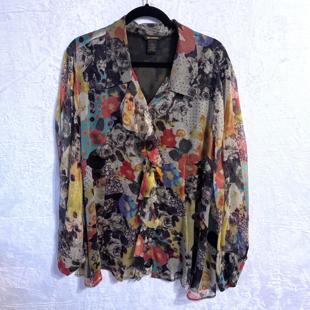 Missioni Womens 3X Silk Chiffon‎ Ruffle Front Floral Abstract Blouse Multicolor